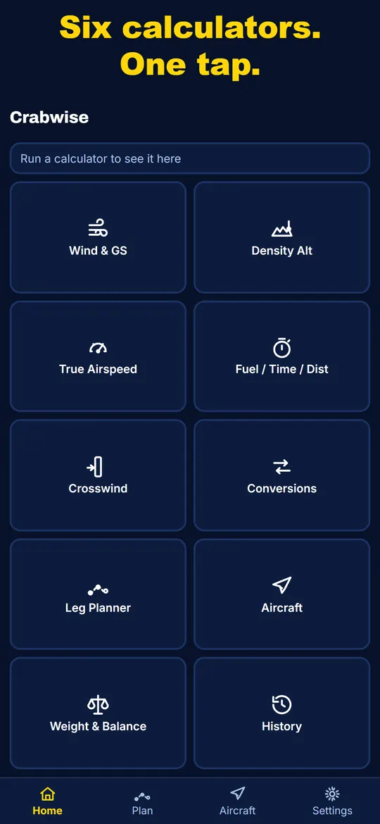 Crabwise home grid with six calculators: Wind and GS, Density Alt, True Airspeed, Fuel Time Dist, Crosswind, Weight and Balance