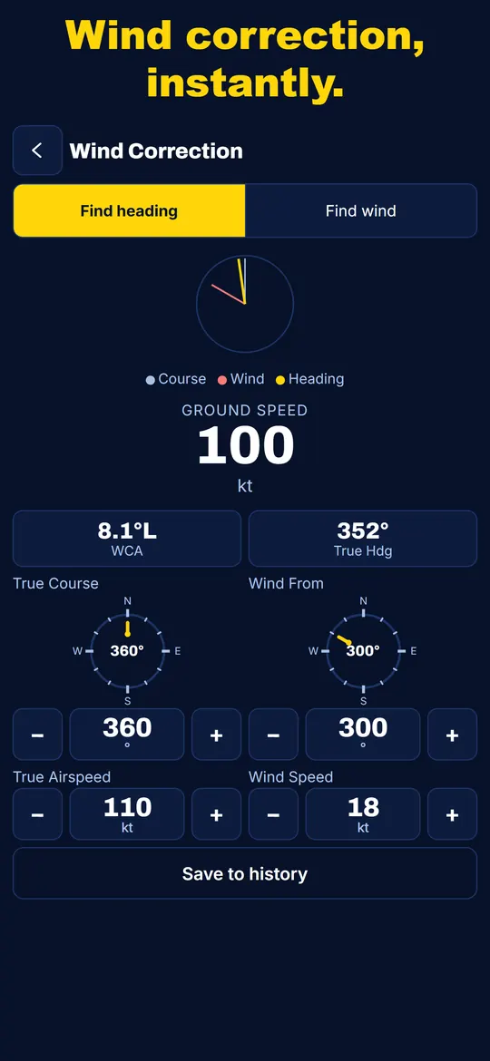 Wind correction screen with a compass dial showing course, wind, and heading