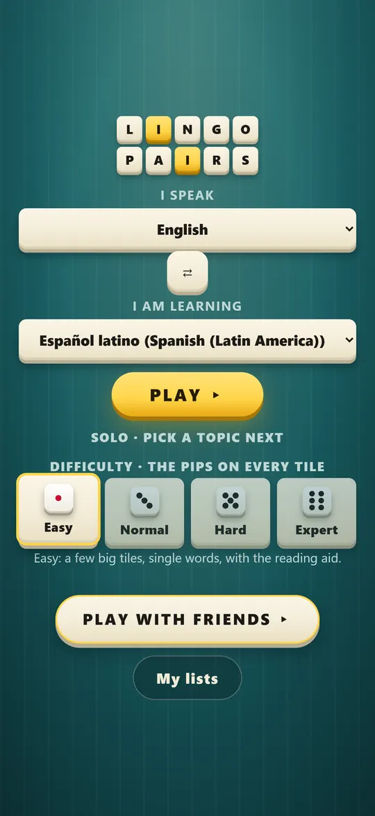 Lingo Pairs home screen with language pickers, difficulty levels, and the Play button