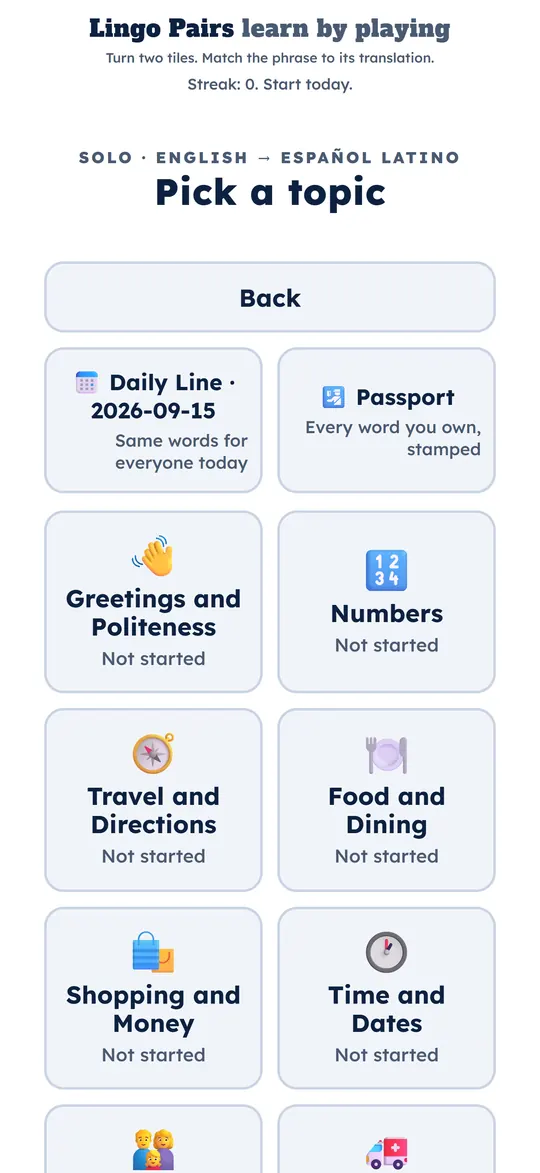 Topic picker grid: Daily Line, Passport, Greetings, Numbers, Travel, Food, and more