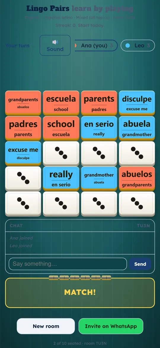 Multiplayer match round showing matched English-Spanish word pairs and a live chat