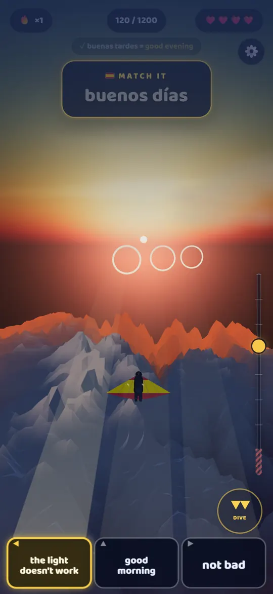 Matching the Spanish phrase 'buenos dias' while wingsuit flying over a mountain sunset