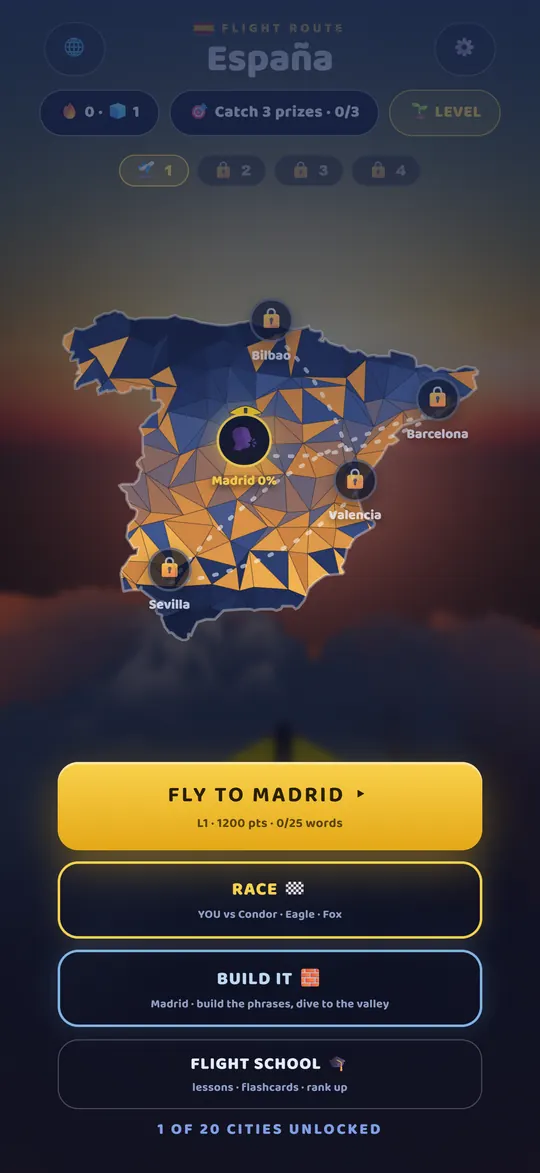 Flight route map of Spain showing unlocked and locked cities to fly to