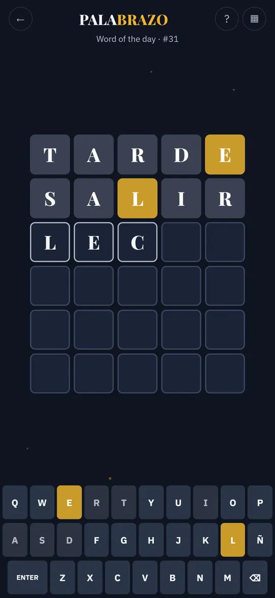 Word-guessing keyboard grid mid-puzzle with letters revealed