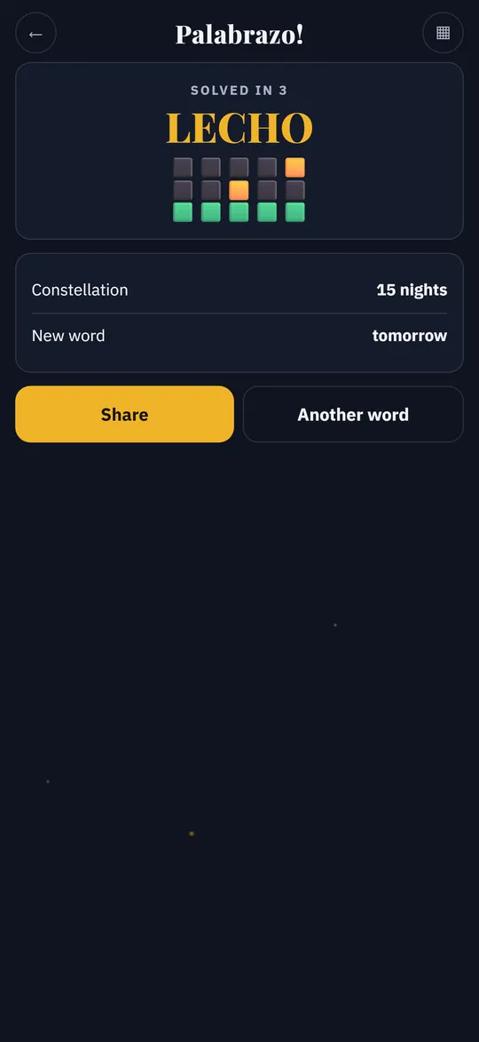 Puzzle solved screen showing the winning word LECHO solved in 3 tries
