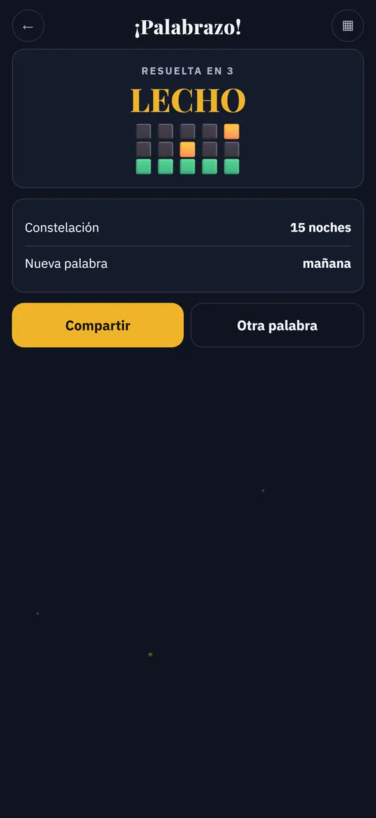 Pantalla de palabra resuelta mostrando LECHO resuelta en 3 intentos