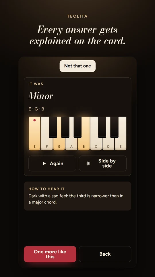 Answer reveal card explaining the sound was a minor interval, with the matching keys lit up