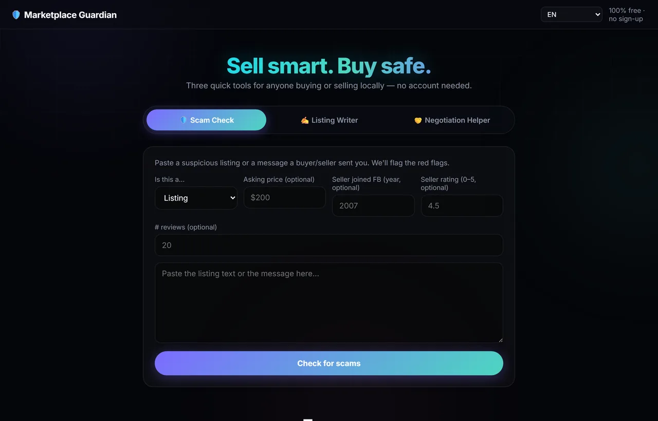 Marketplace Guardian scam-check tool