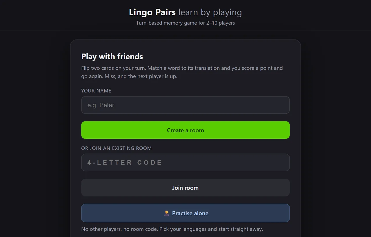 Lingo Pairs room setup screen